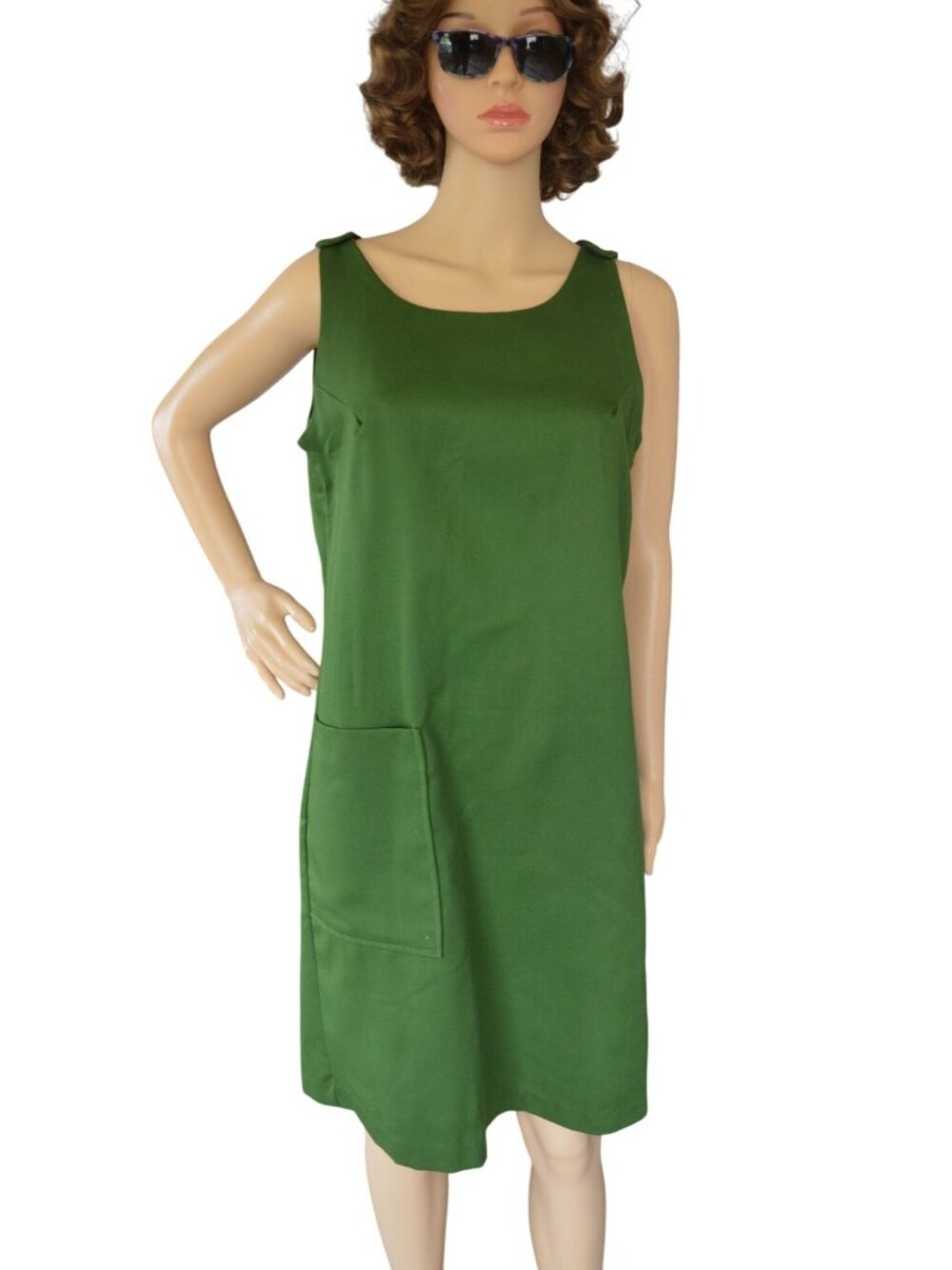 Vintage 60s Handmade Dark Olive Green Womens Shift Dress Size Small Earth Girl
